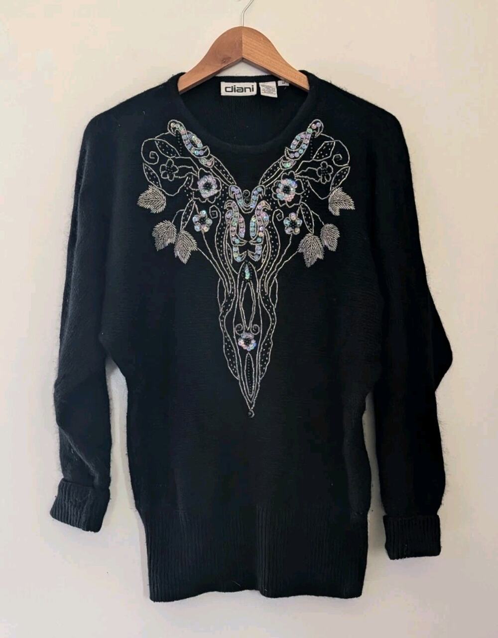 Vintage Sequin Beaded Embellished Sweater Silk Angora Wool 90s Glam Black R